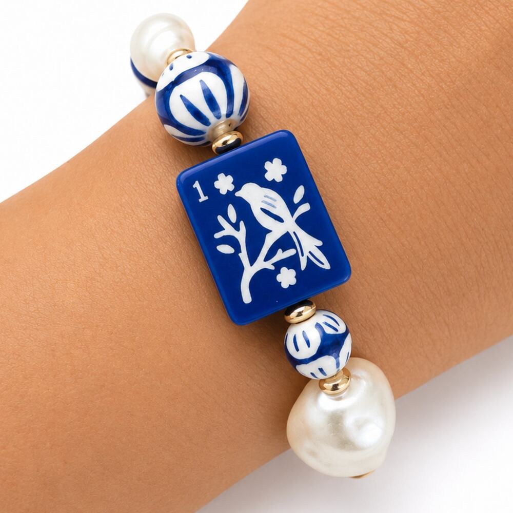 Mahjong Tile Mixed Bead Stretch Bracelet | Blue Bird